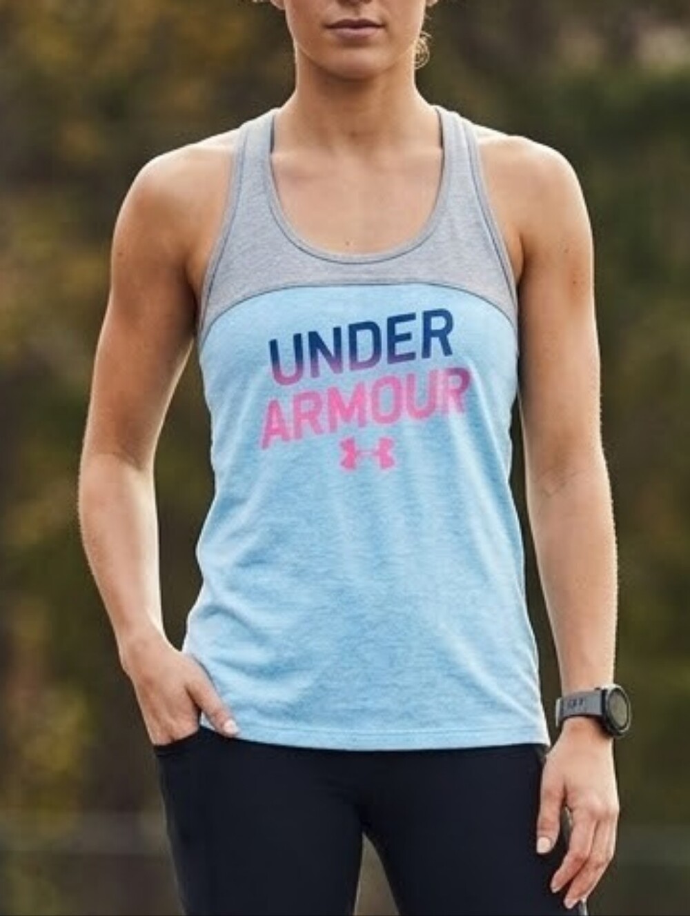 Under Armour Light Blue and Gray Racerback Tank with Pink Logo